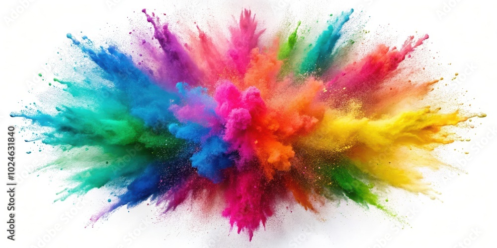 A vibrant and energetic burst of colored powder exploding in a colorful cloud against a white background. A vibrant and energetic burst of colored powder exploding in a colorful cloud against a white background.