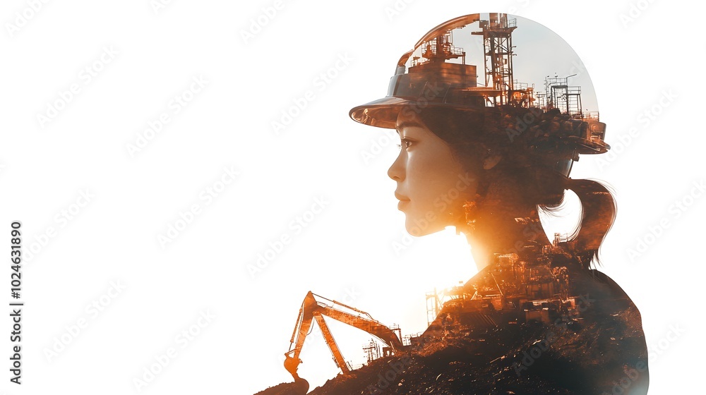 Double exposure of a woman in a helmet and mining equipment, symbolizing the industrial era on a white background with copy space for text Double exposure of a woman in a helmet and mining equipment, symbolizing the industrial era on a white background with copy space for text