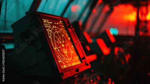 A dimly lit control panel displaying navigational data and radar in a high-tech environment.