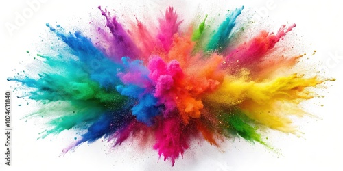 A vibrant and energetic burst of colored powder exploding in a colorful cloud against a white background.