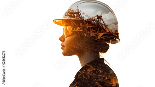 Double exposure of a woman in a helmet and mining equipment, symbolizing the industrial era on a white background with copy space for text