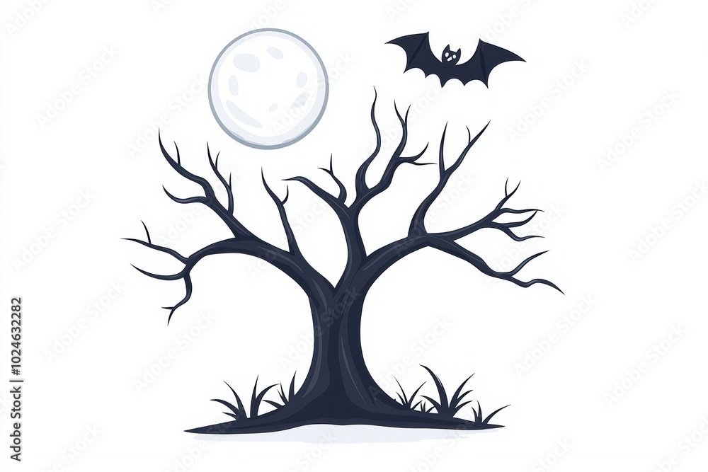 A spooky silhouette of a dead tree with a full moon and a bat overhead on a white background. A spooky silhouette of a dead tree with a full moon and a bat overhead on a white background.