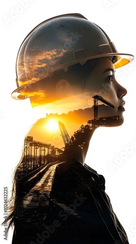 Wallpaper Mural Double exposure of a woman in a helmet and mining equipment, symbolizing the industrial era on a white background with copy space for text Torontodigital.ca