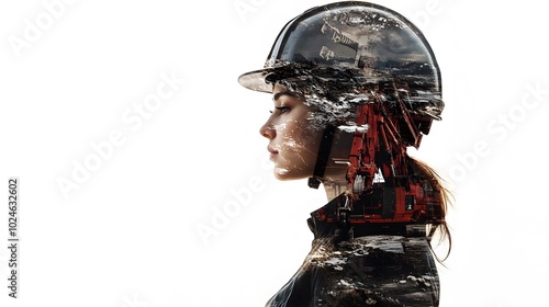 Double exposure of a woman in a helmet and mining equipment, symbolizing the industrial era on a white background with copy space for text
