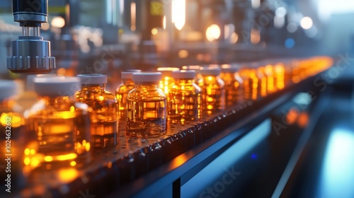 A close-up view of glass vials on a production line in a pharmaceutical facility.