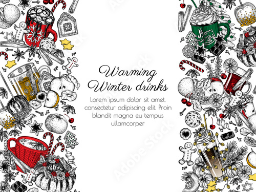 Vector frame of winter hot drinks. Spiced pumpkin-orange latte, hot chocolate, marshmallow cocoa, mulled wine, spiced tea latte, hot apple cider with gingerbread