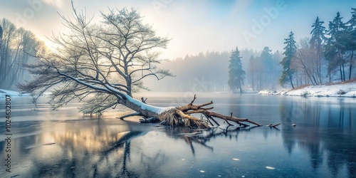 Snow-covered frozen lake with uprooted tree in winter forest