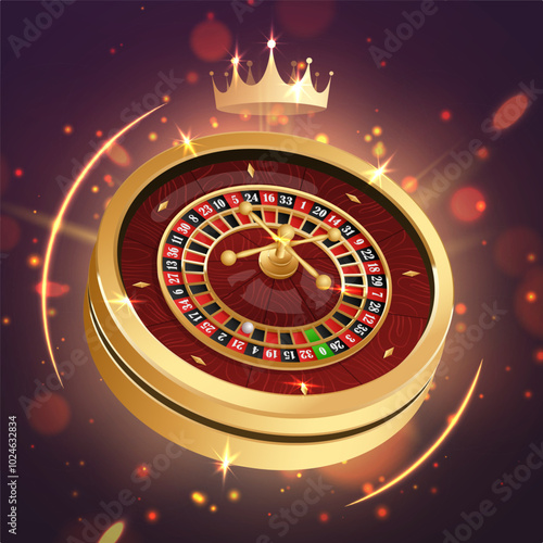 Golden casino roulette wheel with wood desk and cells, gold crown on black background with golden circles light, rays, glare, sparkles. Vector illustration for casino, game design, advertising