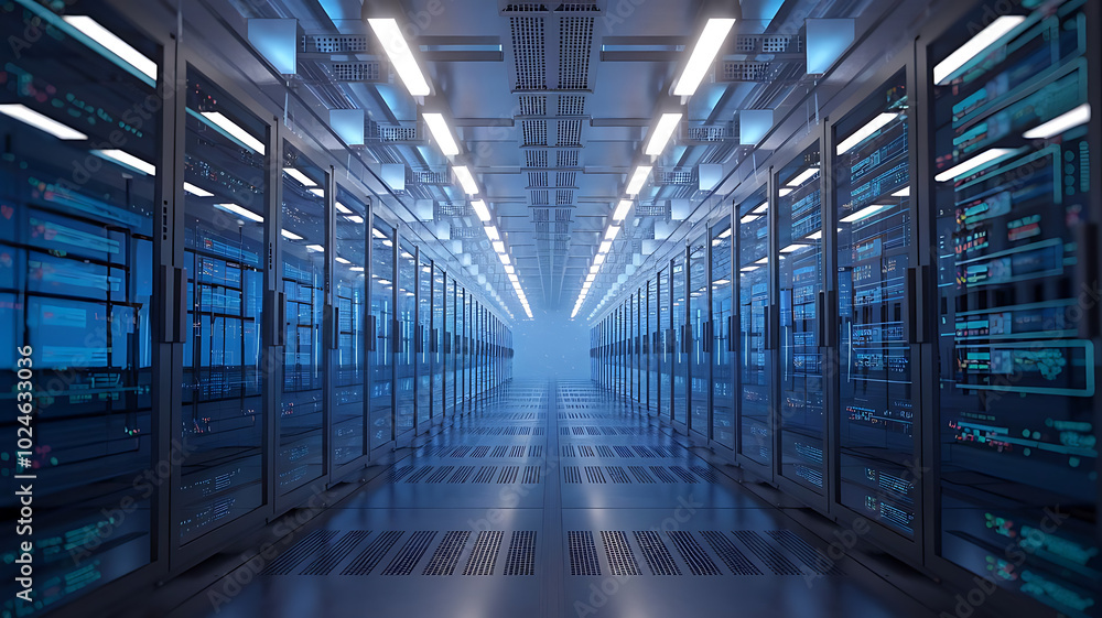 high-tech data warehouse, featuring rows of modern servers with blinking lights in a vast, secure facility, data center, big data high-tech data warehouse, featuring rows of modern servers with blinking lights in a vast, secure facility, data center, big data