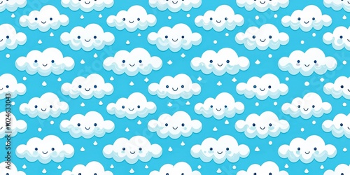 A whimsical pattern of smiling clouds with rain drops on a bright blue background.