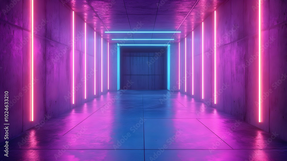 3D Illustration: Neon Lights in Concrete Corridor 3D Illustration: Neon Lights in Concrete Corridor