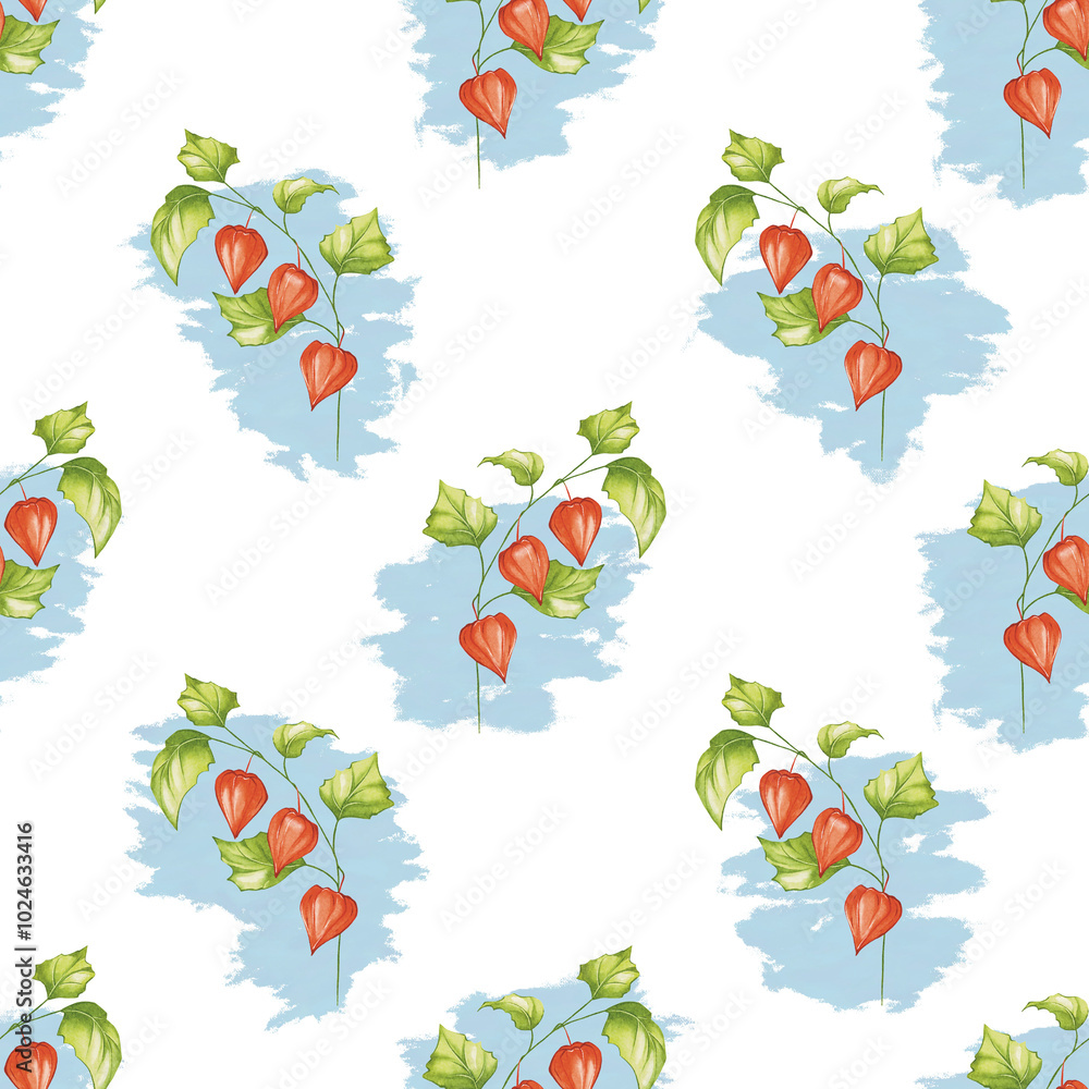 Obraz premium pattern with flowers, Watercolor Physalis seamless pattern, red flower on blue background 