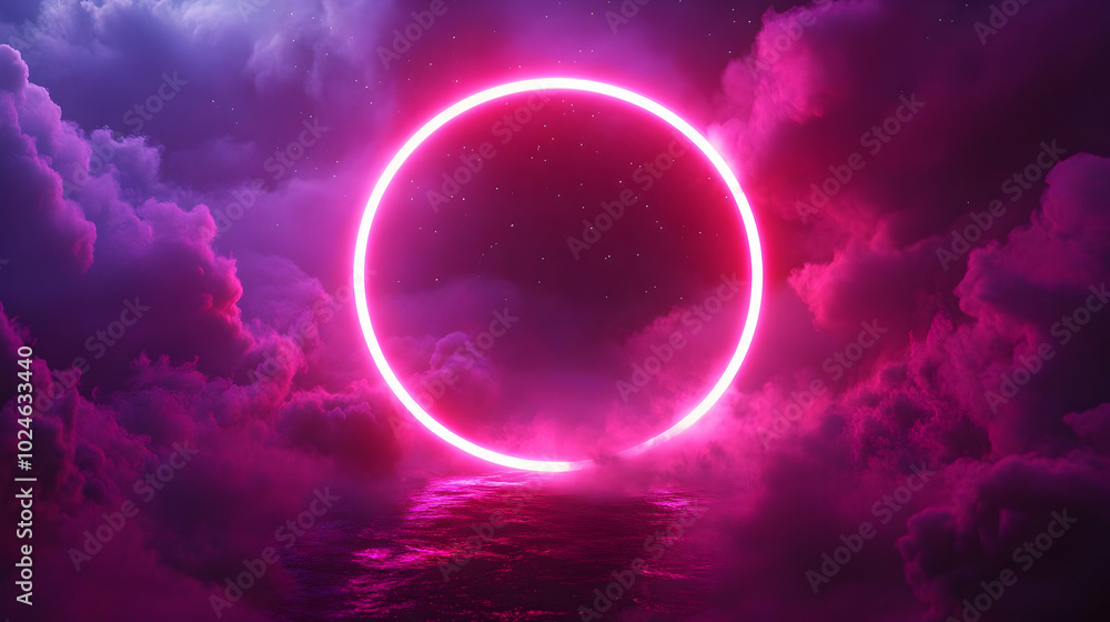 Obraz premium Pink Neon Circle in Clouds - 3D Illustration