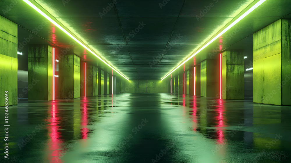 Fototapeta premium Green and Red Neon Lights in a Concrete Corridor - 3D Illustration