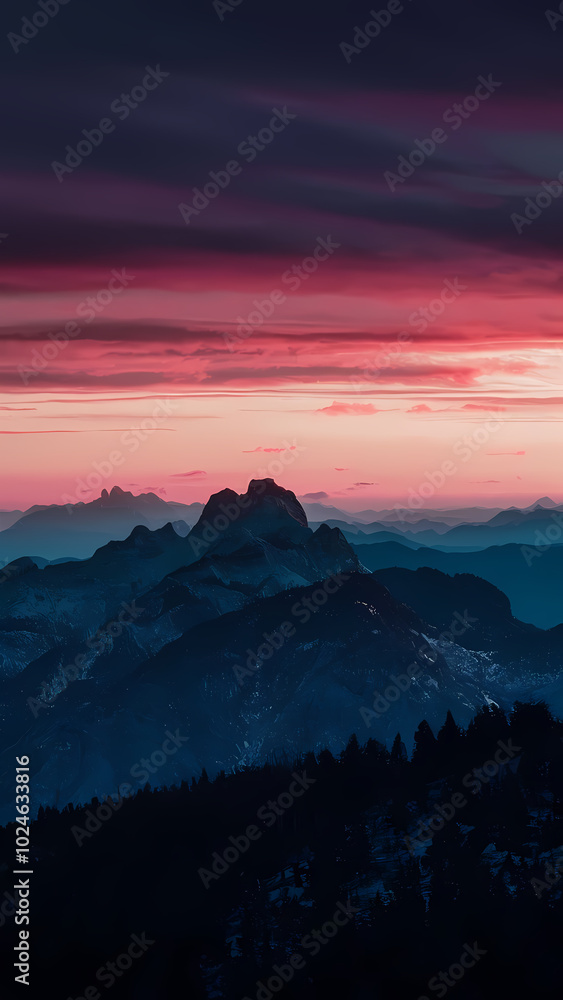 Obraz premium A vibrant red and pink sunset casts a warm glow over majestic mountains, creating a serene and picturesque landscape.