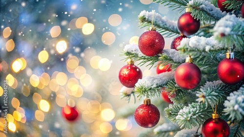 Snowy Christmas tree with red ornaments and bokeh lights extreme close-up photo