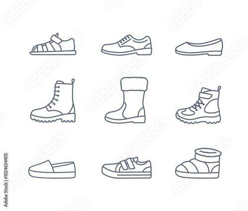 Kids shoes collection. Basic types of footwear for children. Sneakers, sandals, winter boots, ballet flats, espadrilles. Simple line icons for kids clothing shop. Outline pictograms, editable stroke