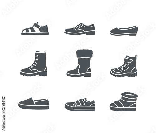 Kids shoes collection. Basic types of footwear for children. Sneakers, sandals, winter boots, ballet flats, espadrilles. Simple solid silhouette icons for kids clothing shop. Side view pictograms