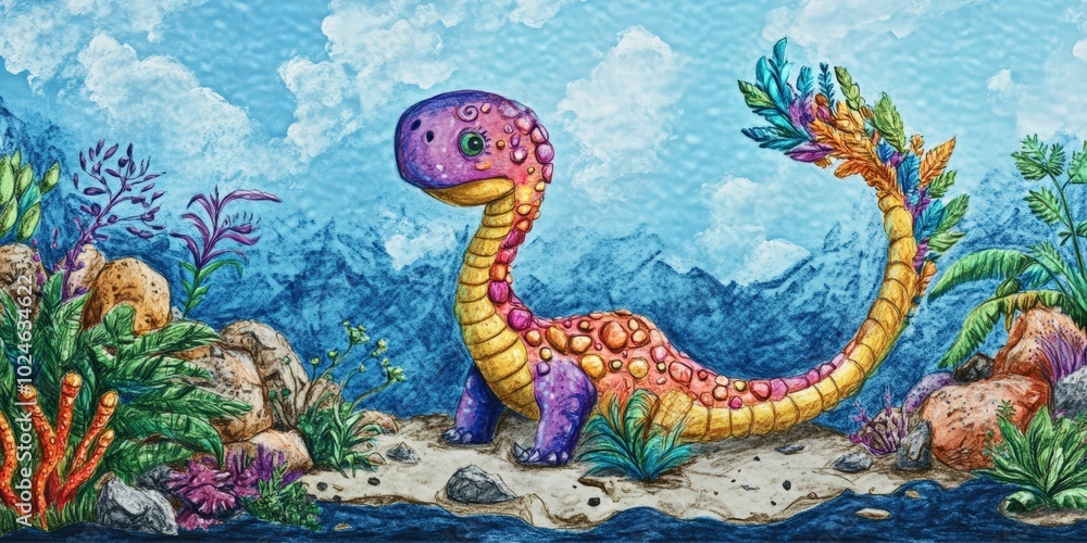 Fototapeta premium Colorful dinosaur stands on sandy shore.