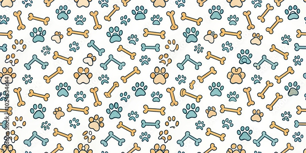 A seamless pattern of paw prints and bones in yellow and blue colors on a white background. A seamless pattern of paw prints and bones in yellow and blue colors on a white background.