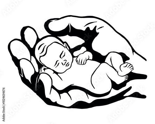 Newborn baby head in fathers hand