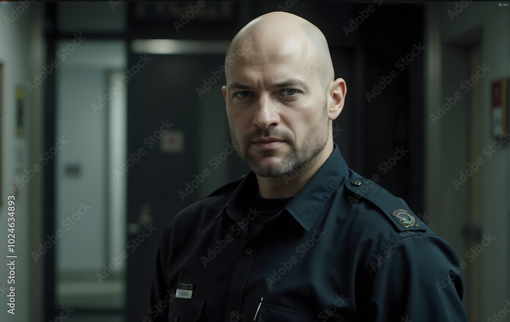 Serious bald man in a police uniform with a strong expression standing in a hallway Serious bald man in a police uniform with a strong expression standing in a hallway