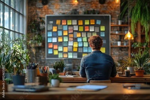 Man working at desk with a large amount of colorful sticky notes