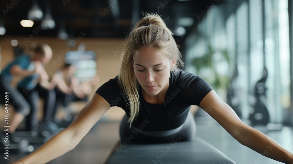 Fototapeta premium Fitness enthusiast practicing a stretching exercise on a mat in a modern gym during a small group training session