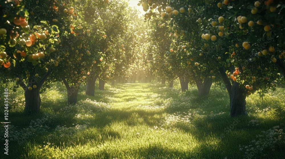 Naklejka premium A picturesque orchard with rows of apple trees, sunlight shining through the leaves, and a grassy pathway leading into the distance.