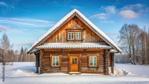 Snowy hills in Russian countryside wooden house windows Symmetrical