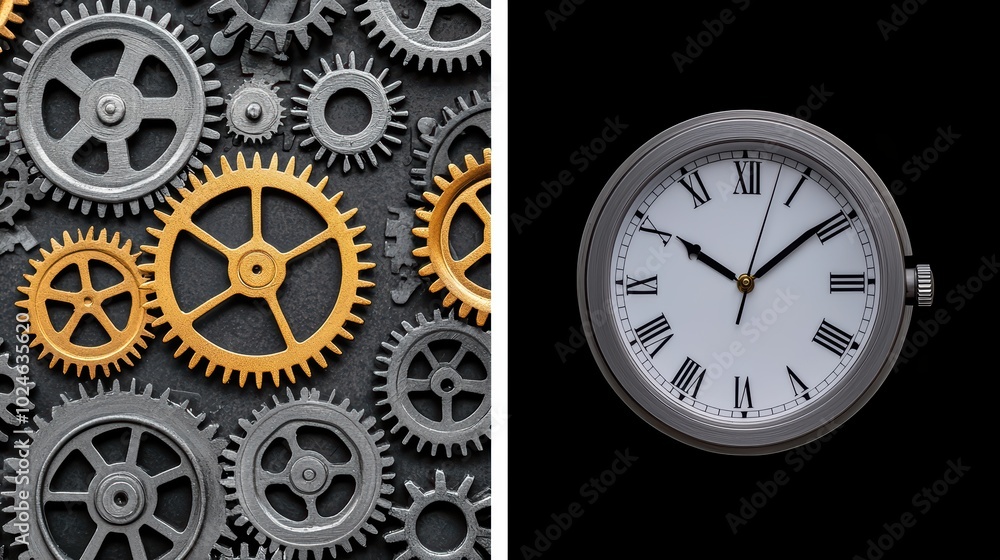 Collection of mechanical gears and clock, showcasing time and machinery. Collection of mechanical gears and clock, showcasing time and machinery.