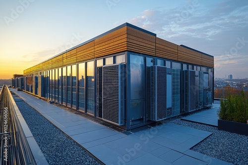 Modern Building Rooftop with Stone Patio and City Skyline