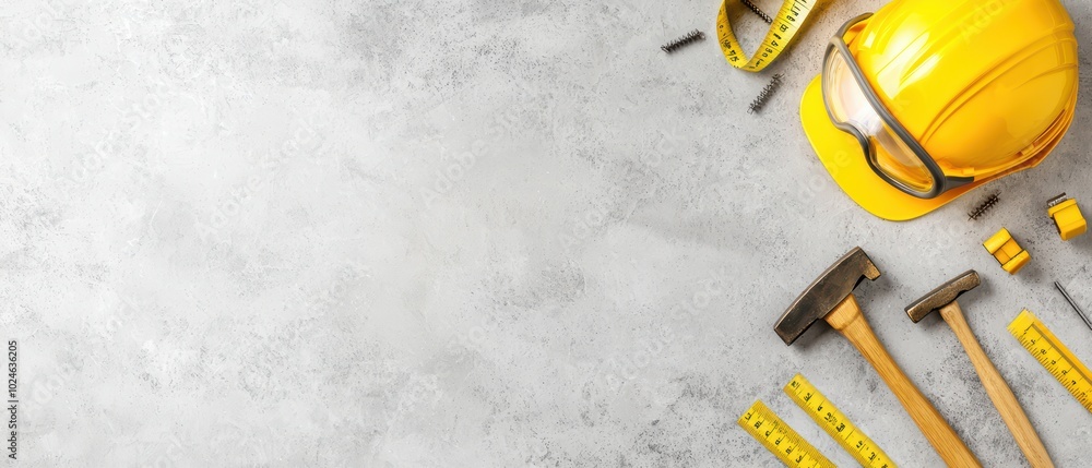 Construction tools, safety helmet, and measuring tape on a gray background. Construction tools, safety helmet, and measuring tape on a gray background.