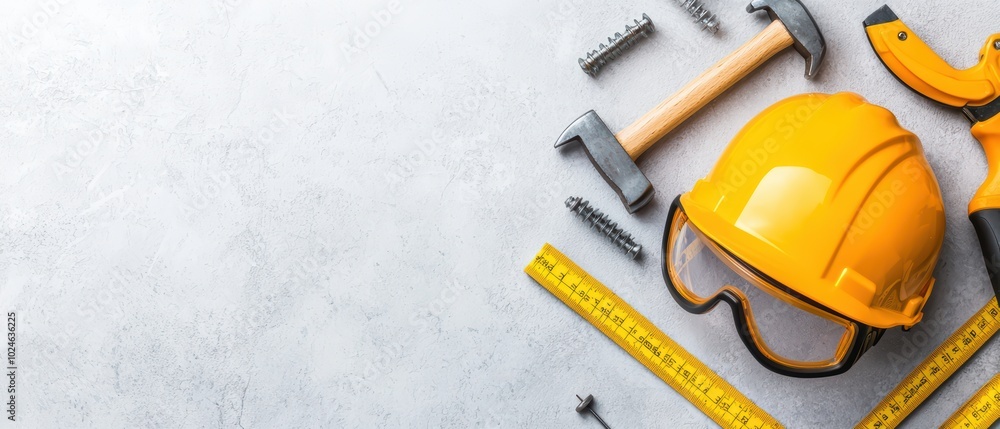 Construction tools and safety gear arranged on a grey background. Construction tools and safety gear arranged on a grey background.