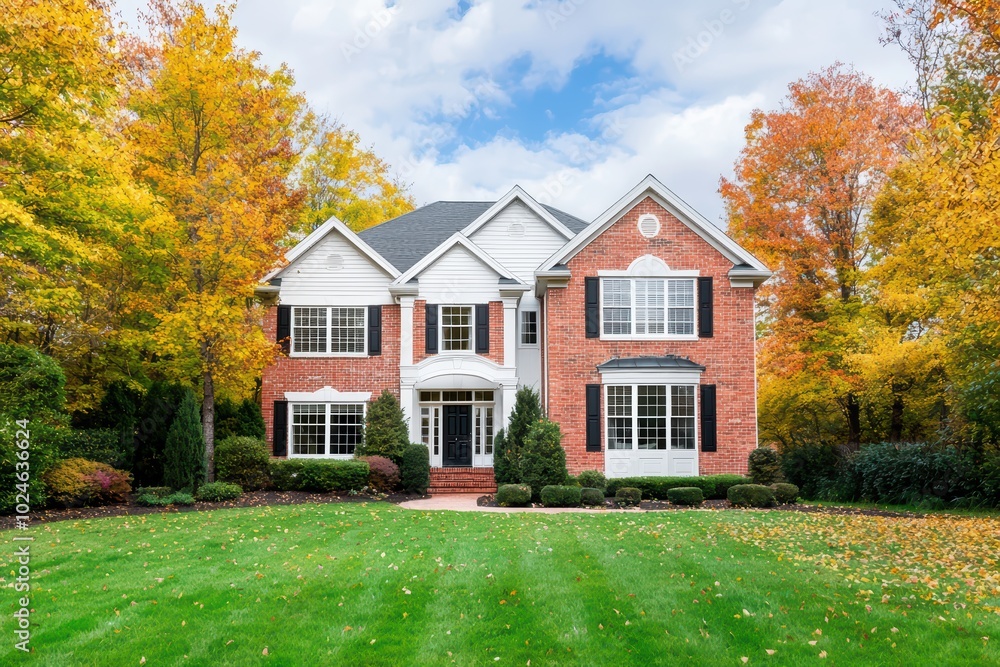 Elegant brick house surrounded by vibrant autumn foliage and a well-kept lawn. Elegant brick house surrounded by vibrant autumn foliage and a well-kept lawn.