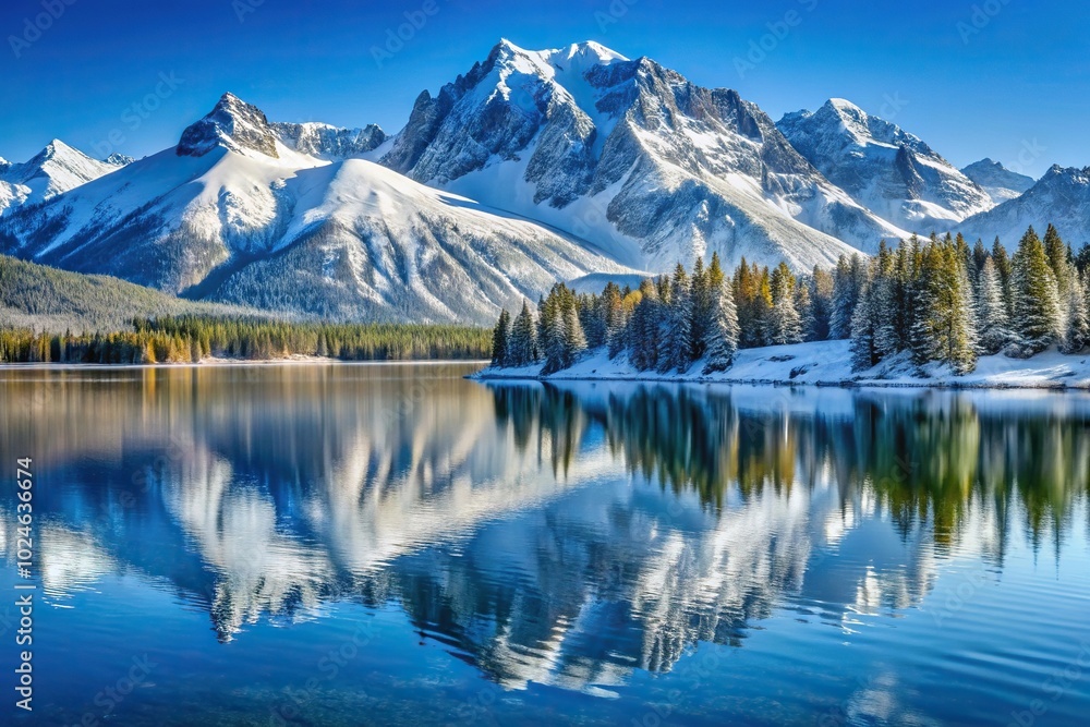 Fototapeta premium Snowy mountain range with lake