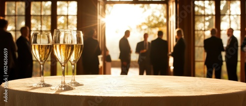 Elegant celebration scene featuring champagne glasses on a table with people mingling in a warm, welcoming atmosphere.