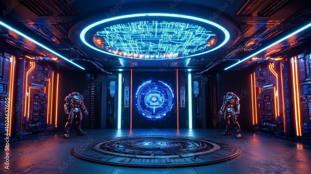 Obraz premium Futuristic Superhero Headquarters with Robots and Tech