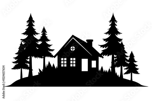 Rural House Peaceful Forest Landscape | vector silhouette illustration on white background