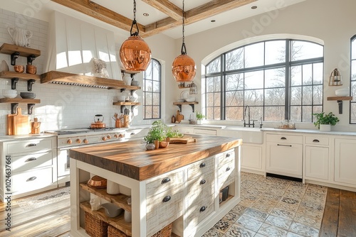 Modern Farmhouse Kitchen with Copper Accents and Rustic Elements