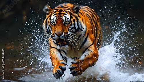 Majestic Tiger Charging Through Water Splash