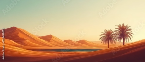 Majestic desert landscape featuring sand dunes and palm trees near a serene oasis under a clear sky.