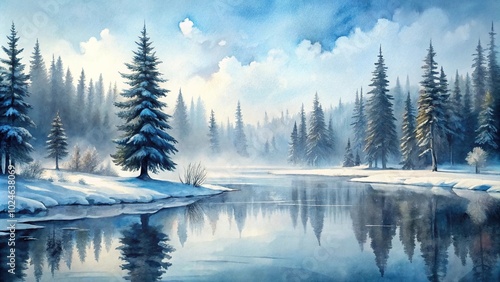 Snowy winter landscape with a misty forest and frozen lake in a watercolor painting