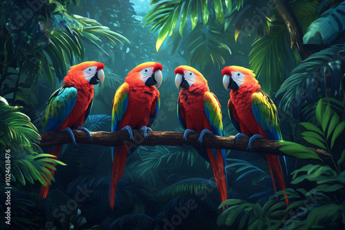 Wallpaper Mural Vibrant Ecosystems of the Tropics: A Detailed Study of Tropical Rainforest Illustrations Featuring Parrots Torontodigital.ca