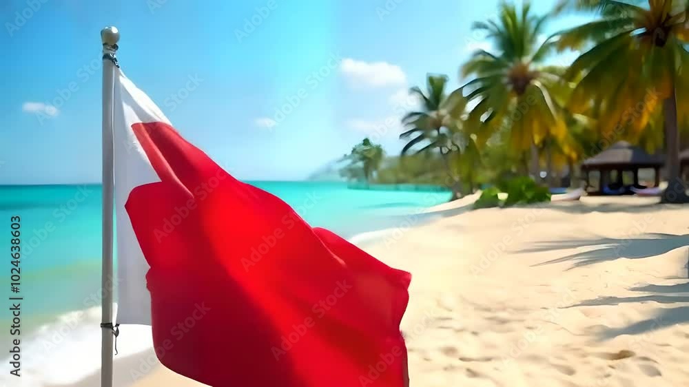 The red and white Bahrain flag waves majestically against soft golden sands of a picturesque beach, symbolizing national pride with nature beauty, National Day, beach scene, flag