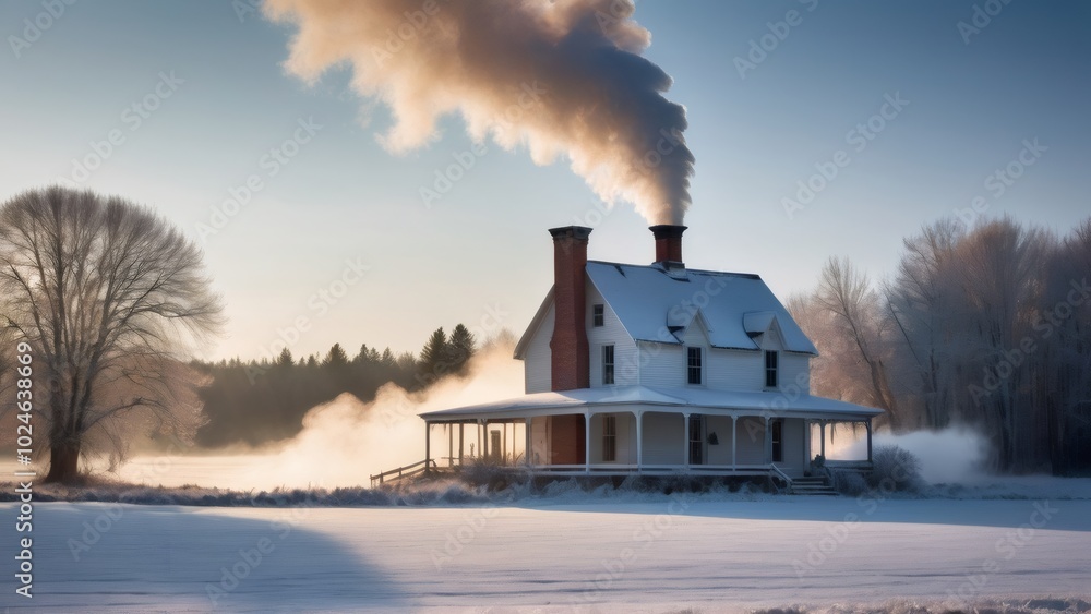 Winter Morning at a Country House with Frosty Surroundings: A country house stands amid a snowy field, with sunlight casting a warm glow on the frosted vegetation, and smoke curling out of the chimney Winter Morning at a Country House with Frosty Surroundings: A country house stands amid a snowy field, with sunlight casting a warm glow on the frosted vegetation, and smoke curling out of the chimney