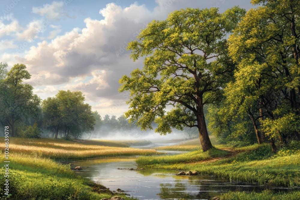 Scenic view of a tranquil river flowing through a lush green landscape with trees under a partly cloudy sky. Scenic view of a tranquil river flowing through a lush green landscape with trees under a partly cloudy sky.