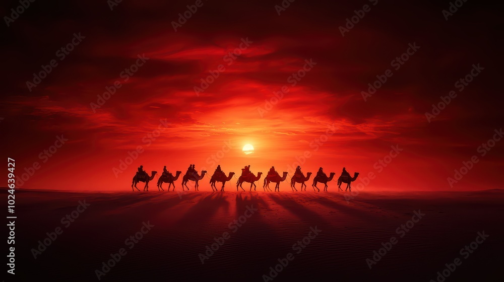 Fototapeta premium Silhouetted camels against a vibrant sunset, creating an enchanting desert scene.