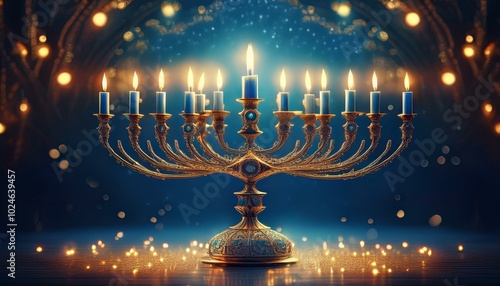 elegance concept of of jewish religious holiday hanukkah with glittering raditional chandelier menorah burning art photo