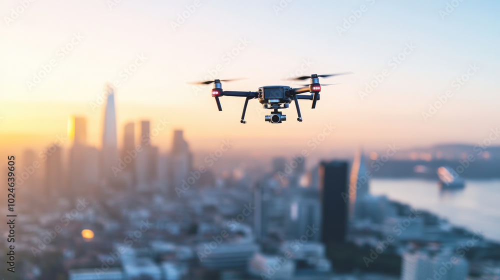 A drone is flying over a city at sunset A drone is flying over a city at sunset